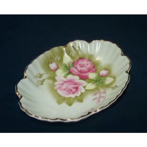 Lefton Green Heritage oval nappy 1860 pink rose vintage good condition