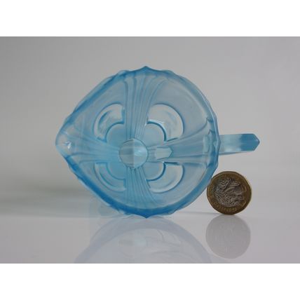 Art Deco Rosice Frosted Blue Glass Creamer With Clear Panels.