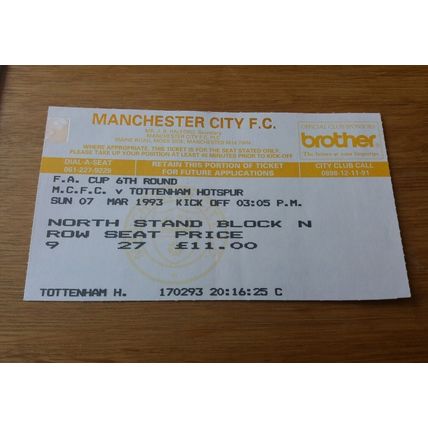 1993 FA Cup Quarter Final Programme & Ticket - Man City vs Tottenham / Spurs