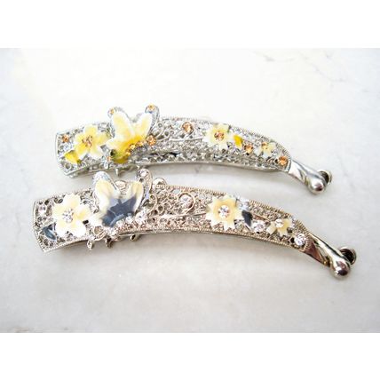 Slim silver metal filigree flower butterfly banana hair claw clips with jewels