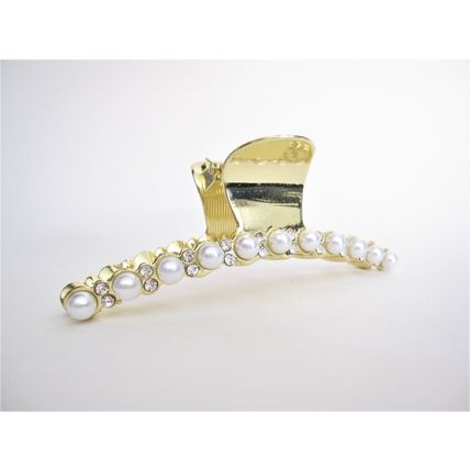Long large gold metal crystal and pearl hair claw clip