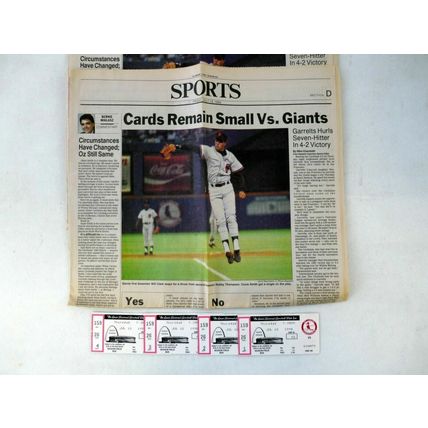 St. Louis Cardinals vs Giants Lot 4 Ticket Stubs + 3 Newspapers 7/12/90 1990