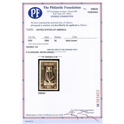 1250, Mint NH 5¢ Superb - With Graded 98 PFC Certificate - Stuart Katz