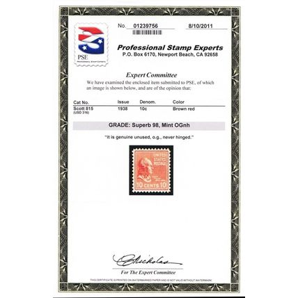 815, Mint NH 10¢ Superb - With Graded 98 PSE Certificate - Stuart Katz