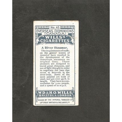 Cigarette Cards Wills Overseas Dominions Canada 1914 #45 A River steamer
