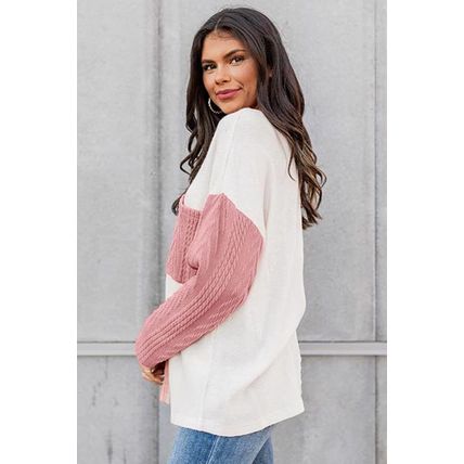 Peach Blossom Long Sleeve Colorblock Chest Pocket Textured Knit Top