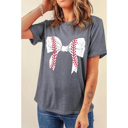 Gray Baseball Bowknot Graphic Casual Tee