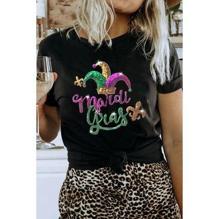 Black Mardi Gras Sequin Pattern Crew Neck T Shirt