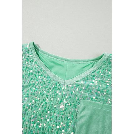 Moonlight Jade Sequin Batwing Sleeve V Neck Velvet Blouse