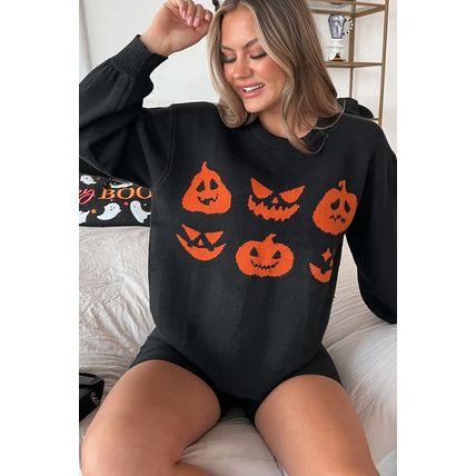 Black Halloween Pumpkin Face Pattern Drop Shoulder Sweater
