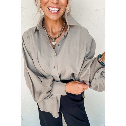 High Solid Color Balloon Sleeve Side Slits Loose Fit Shirt