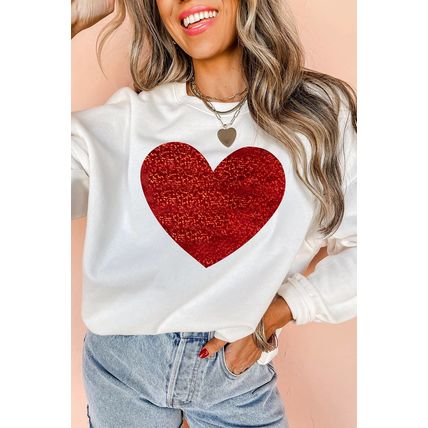 Beige Glitter Valentine Heart Shape Graphic Sweatshirt