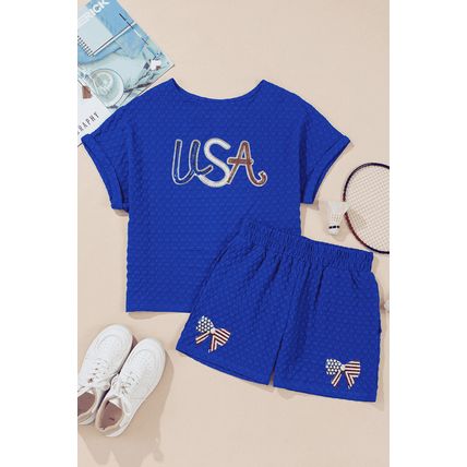 Sky Blue Sequined USA Bowknot Buttoned Back Textured Short Set
