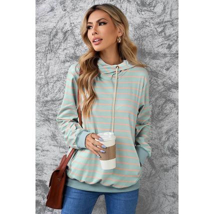 Green Striped Turtleneck Hoodie with Pocket