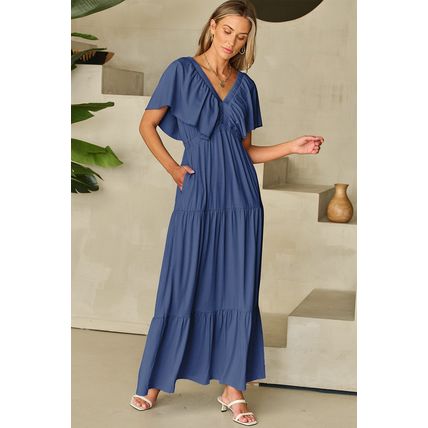 Navy Blue Textured V Neck Flutter Sleeve Ruffled Maxi Dress