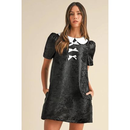Black Floral Embossed Puff Sleeve Colorblock Bow Collared Mini Dress