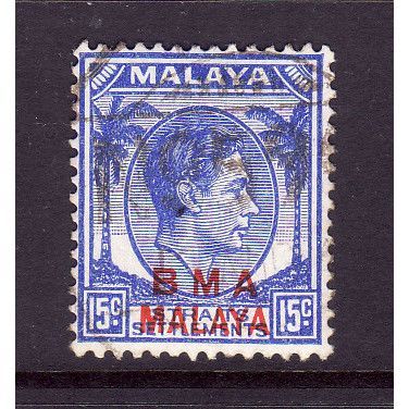 MALAYSIA STRAITS SETTLEMENTS BMA 1945 SG 12a 15c ULTRAMARINE FINE USED#3