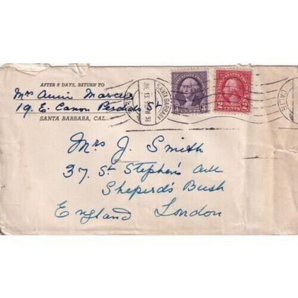 United States 1938 Santa Barbara CAL-London UK Cover Santa Barbara cancel