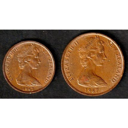 New Zealand One and Two Cent Coins 1967 1c 2c NZ Fern QE II