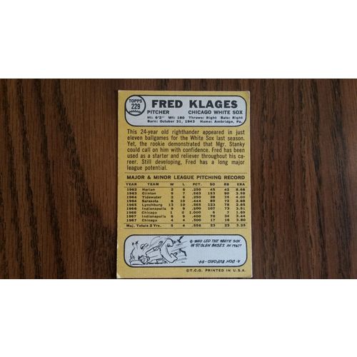 1968 Topps Card # 229 Fred Klages Good (2) Chicago White Sox