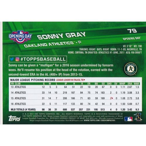 2017 Topps Opening Day 79 Sonny Gray Oakland Athletics