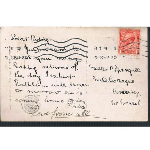 TINTED FRENCH POSTCARD BY MUG YOUNG BOY SENDS SINCERE BEST WISHES 1920