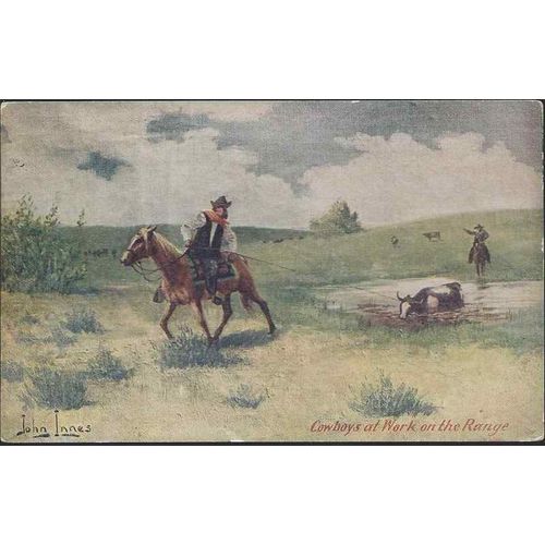 Signed Artist "John Innis" c.1905 MINT EX Troilene "Cowboys at Work" Western