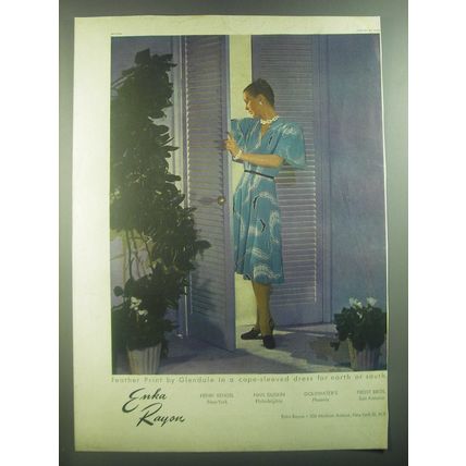 1946 Enka Rayon Ad - Feather Print by Glendale in a cape-sleeved dress