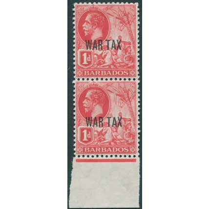 Barbados 1917 1d bright red War Tax SG197 MNH pair