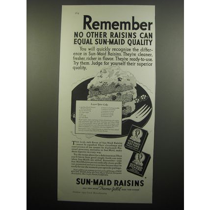 1933 Sun-Maid Raisins Ad - recipe for Layer Spice Cake