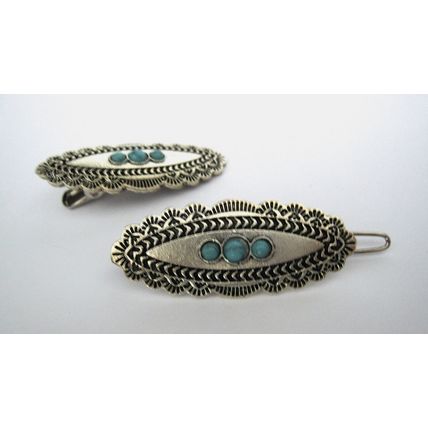 Small oval turquoise blue and silver metal hair clip barrette fine thin hair