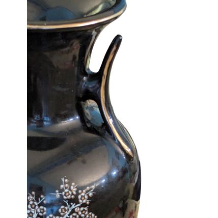 Vintage 8.25" Black Gloss Wagon Flowers Taiwan Asian Design Ceramic Vase Handles
