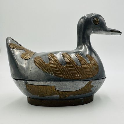 Duck Trinket Jewelry Box Pewter Brass Metal Hand Crafted Vintage 1960s MCM
