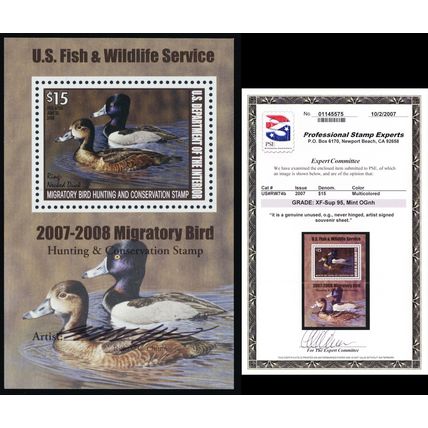 RW74b, MNH $15 Duck Souvenir Sheet - Graded 95 PSE Certificate - Stuart Katz