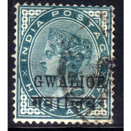 India Gwalior 1885 - 97 QV 1/2 Anna Green Ovpt used SG 16c ( H843 )