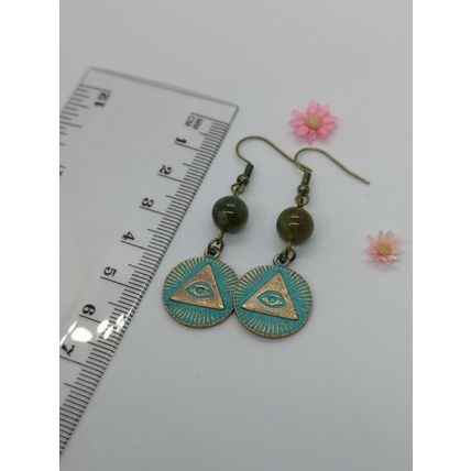 All Seeing Eye Charm And Moss Agate Gemstone Earrings