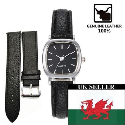 Ladies Small Black Square Face Black Textured Genuine Leather Strap