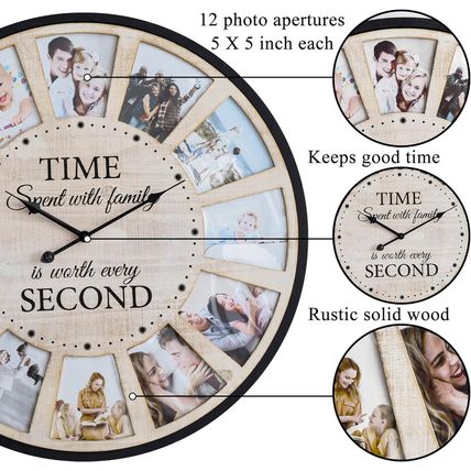 Large Picture Frames Collage Wall Clock, Vintage Rustic Clock Wall Decor, Big Fa