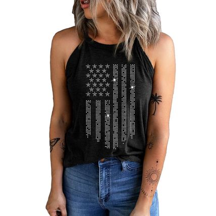 Black Shiny American Flag Printed O Neck Graphic Tank Top