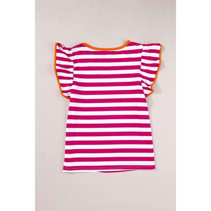 Rose Red Striped Ruffle Sleeve Crew Neck Blouse
