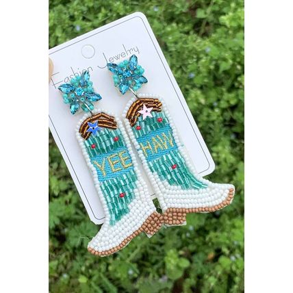 Light Blue Cowboy Boots Rice Bead Dangle Earrings