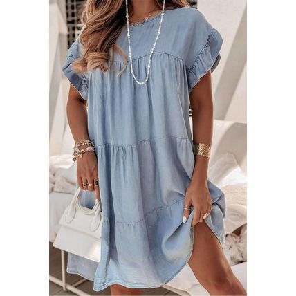 Beau Blue Ruffle Short Sleeve Tiered A-line Denim Dress