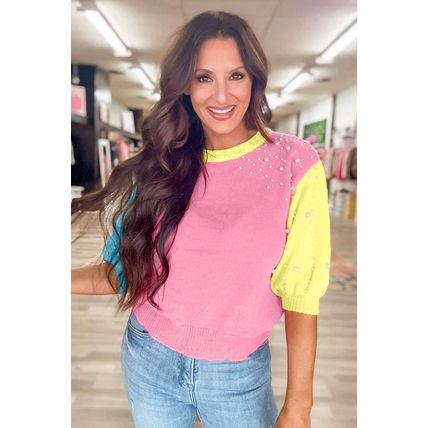 Rose Red Pearled Colorblock Crew Neck Half Sleeve Sweater