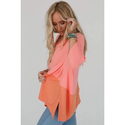 Grapefruit Orange Contrast Color Patchwork Oversized Side Split Top