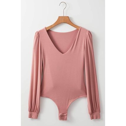 Fushia Plain V neck Long Sleeve Casual Bodysuit