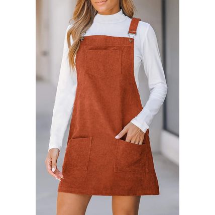 Cinnamon Solid Front Pockets Sleeveless Corduroy Overall Dress