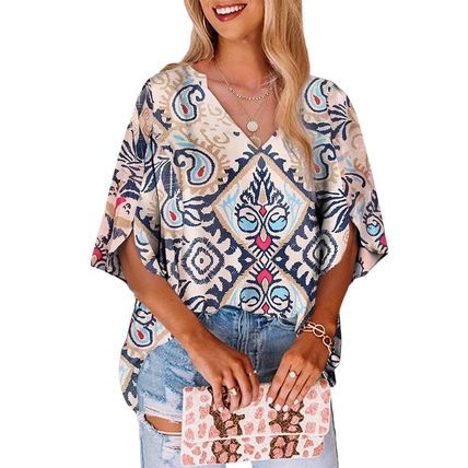 White Abstract Printed Notched V Neck Split Half Sleeve Blouse