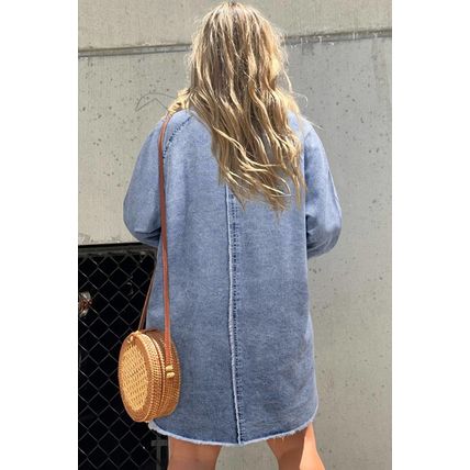 Beau Blue Mineral Wash Long Sleeve Button Up Raw Hem Pocketed Denim Dress