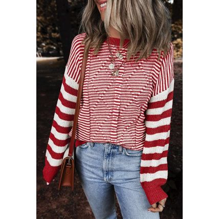 Red Stripe Geometric Textured Drop Shoulder Sweater