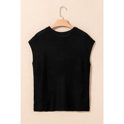 Black Solid Color Sweater Tee with Side Slits